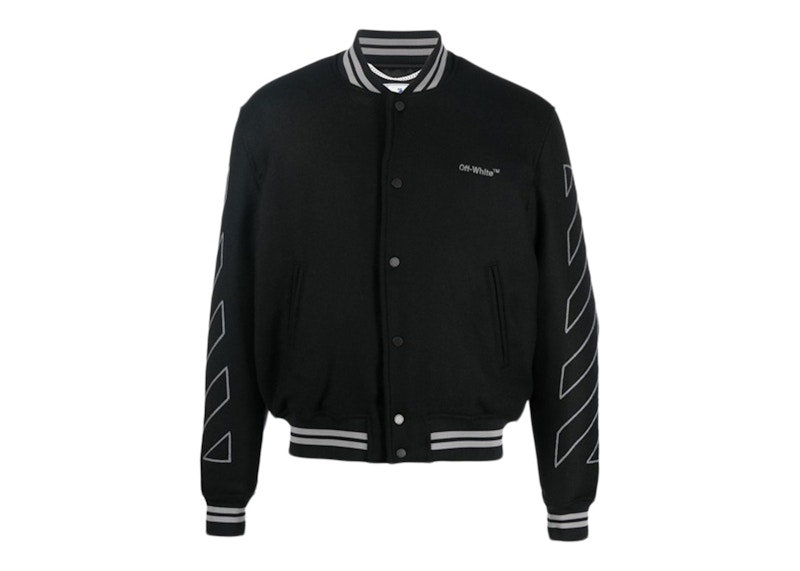 Bomber-takki Off-White Diagonal Outline Logo-Embroidered Wool Varsity Jacket Musta | OMEA315S23FAB0011008