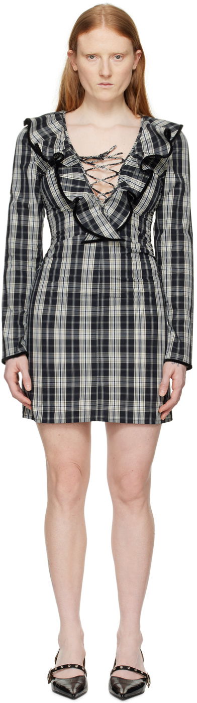 Mekko GANNI Plaid Ruffle Lace-up Long-sleeve Minidress Monivärinen | F8749
