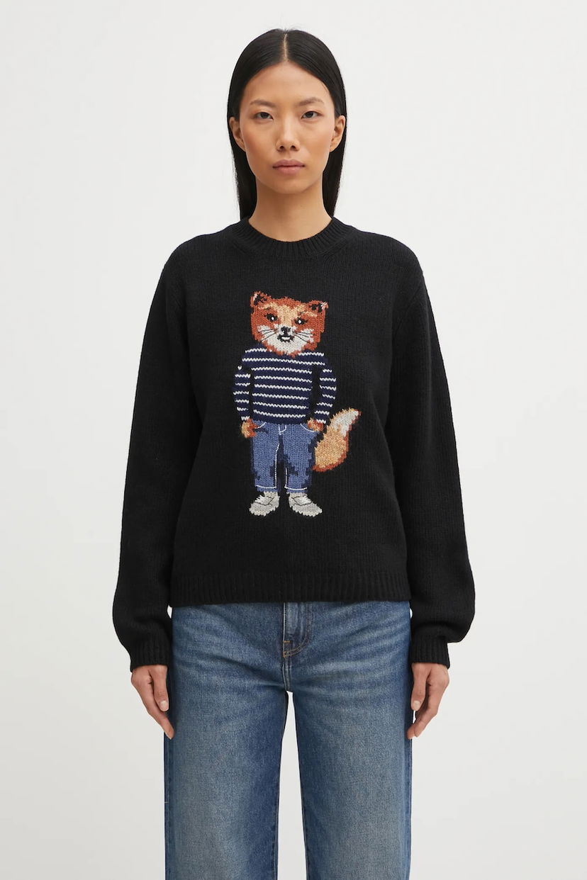 Villapaita MAISON KITSUNÉ Dressed Fox Intarsia Wool Sweater Musta | PW00812KH0002