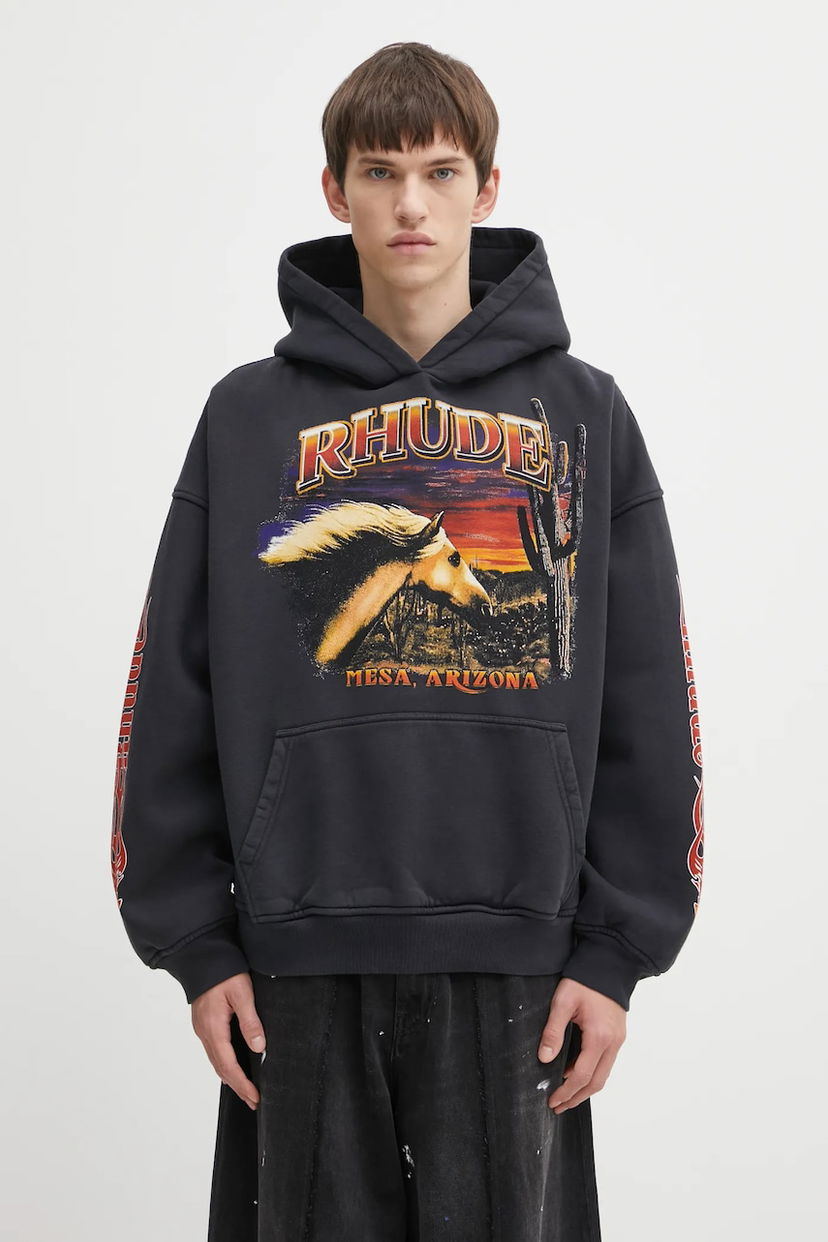 Huppari Rhude Cotton Graphic Hooded Sweatshirt Mesa Arizona Stallion Musta | RHFW25HO04012