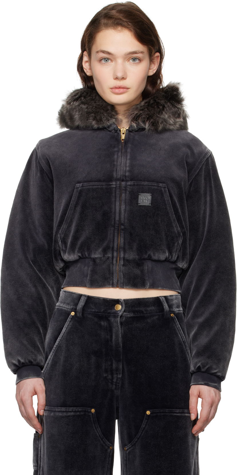 Huppari Alexander Wang Velour Workwear Shearling Trim Jacket Musta | 4CC4242106