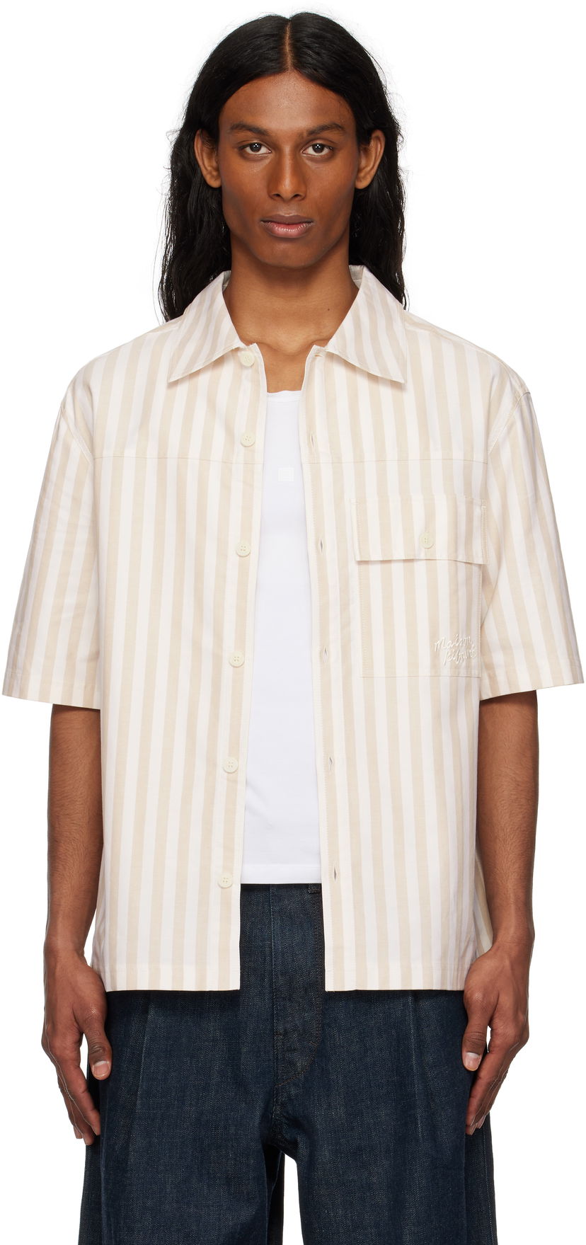 Paita MAISON KITSUNÉ Maison Kitsuné Short Sleeve Overshirt Beige | OM00429WC5045