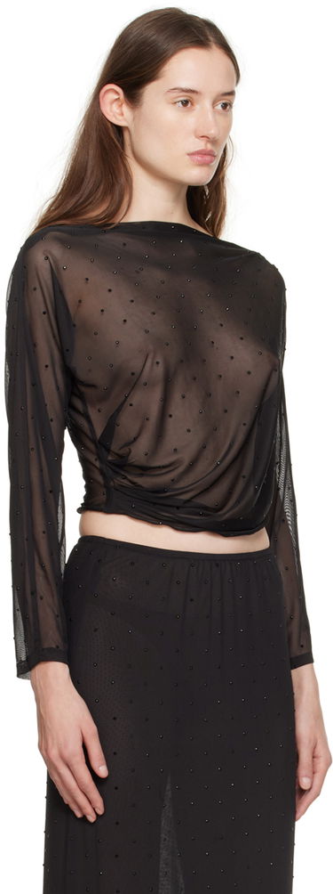 Crop top Anna Sui Anna Sui Rhinestone Mesh Long Sleeve Top Musta | 1024F22, 1