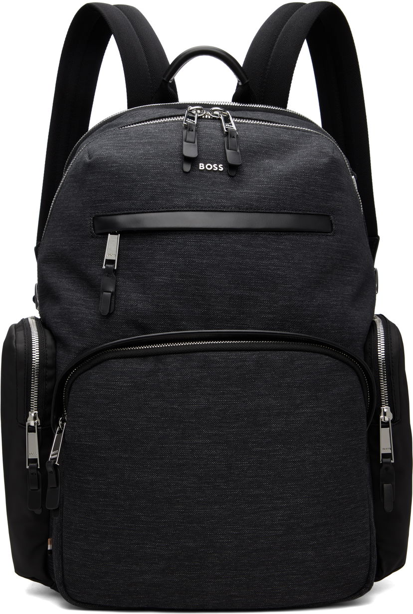 Reppu BOSS Textured Fabric Hardware Backpack Musta | 50548018