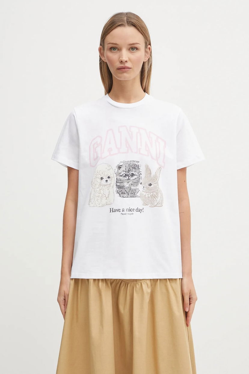 T-paita GANNI GANNI Basic Cotton Jersey Animals Relaxed T-Shirt Valkoinen | T4376