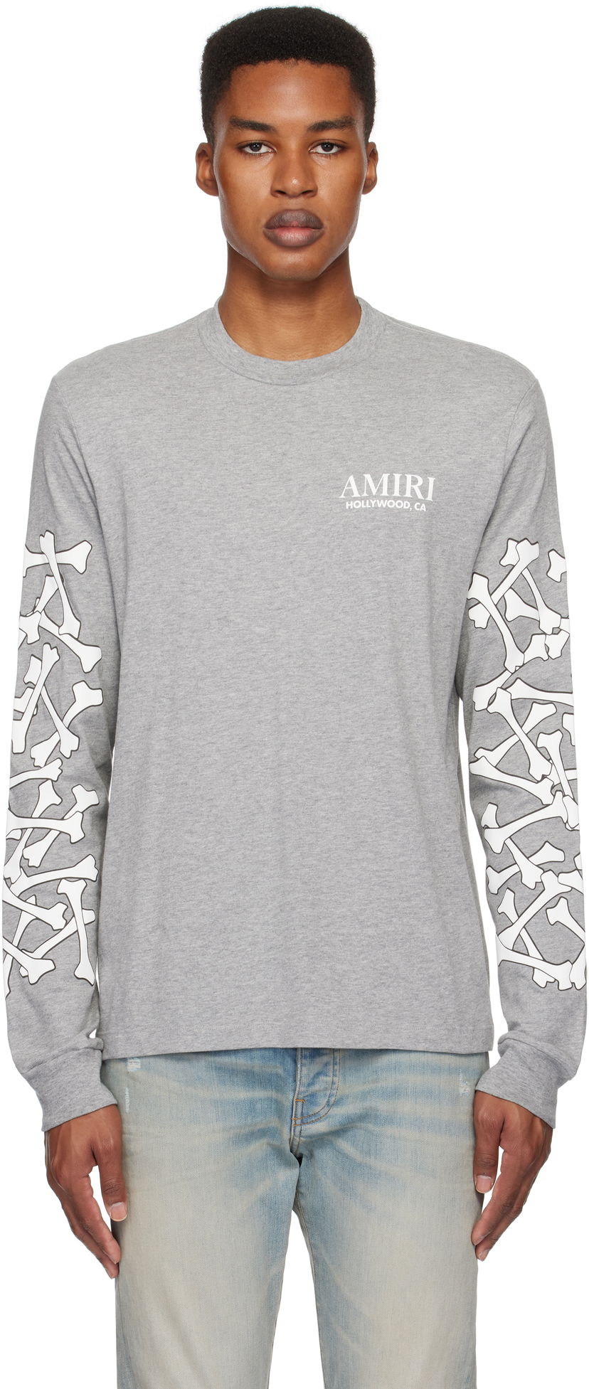 T-paita AMIRI Stacked Bones Graphic Long Sleeve T-Shirt Harmaa | AMJYTE1076