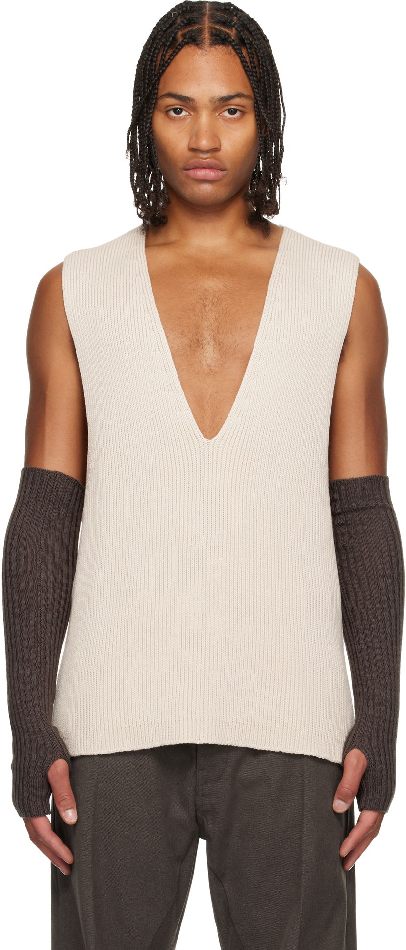 Tankkitoppi Rick Owens Concordians V-Neck Rib Knit Tank Vest Beige | RR02E1683 KWVH