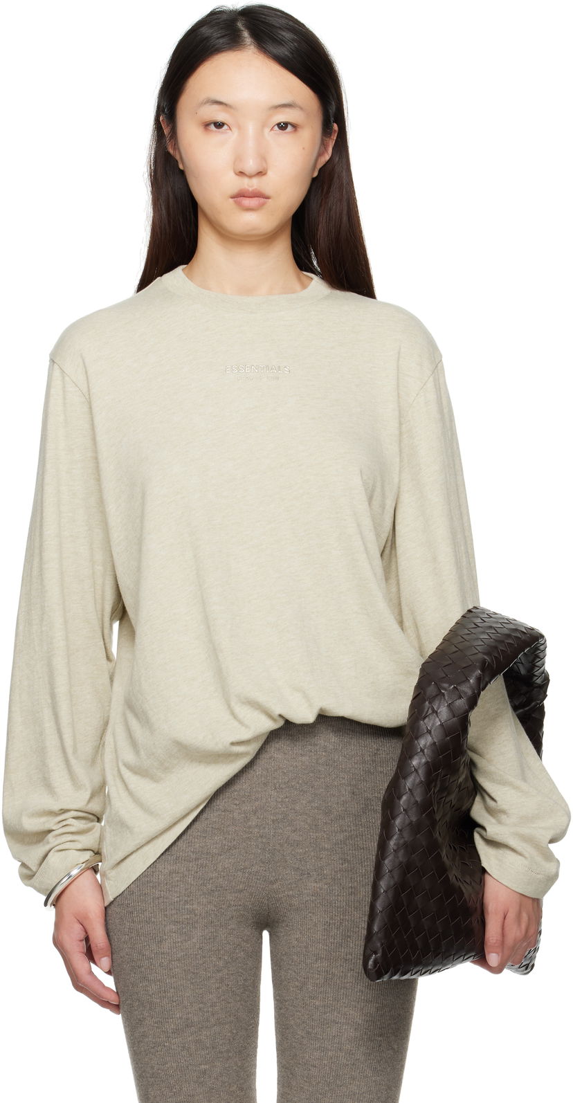 T-paita Fear of God Fear of God ESSENTIALS Classic Fit Long Sleeve T-Shirt Beige | 125SP255882FW