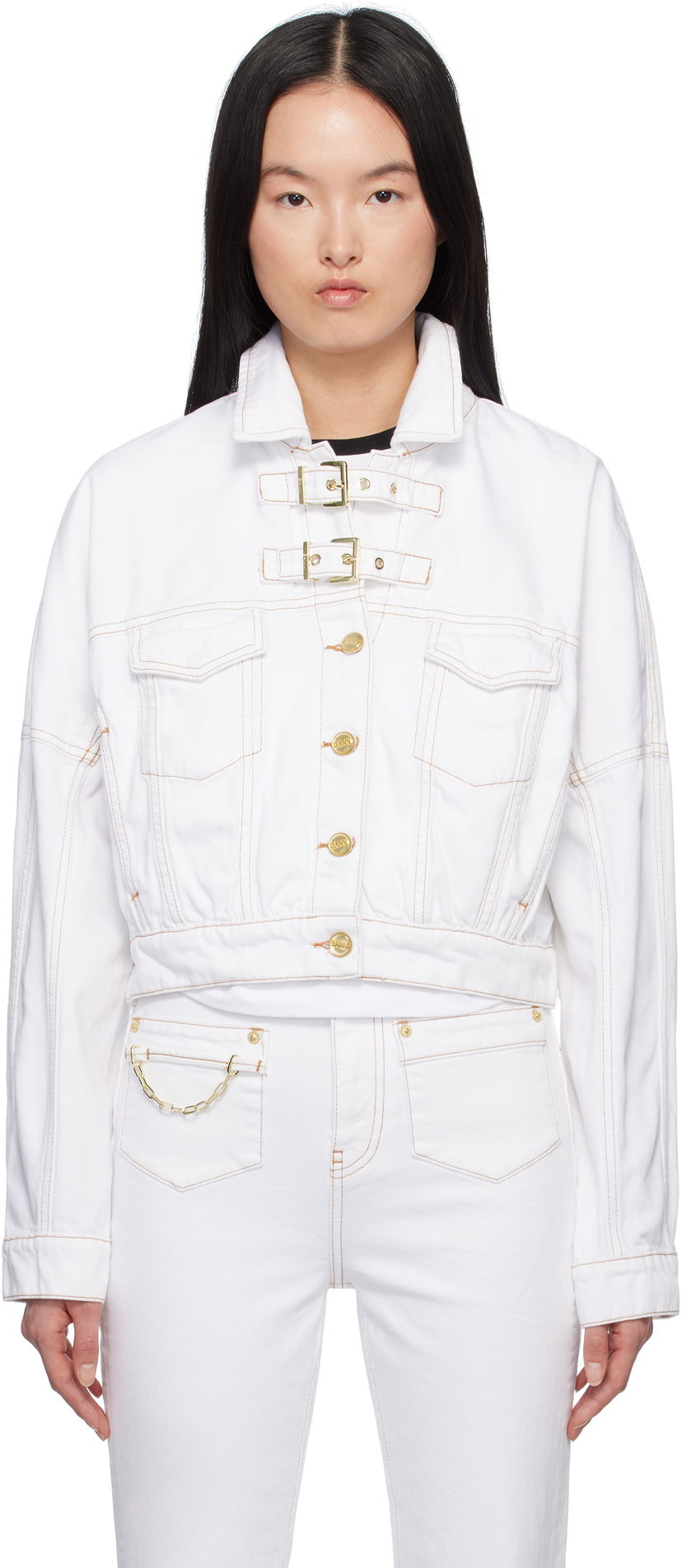 Takki GANNI GANNI Pin-Buckle Cropped Denim Jacket Valkoinen | J1658