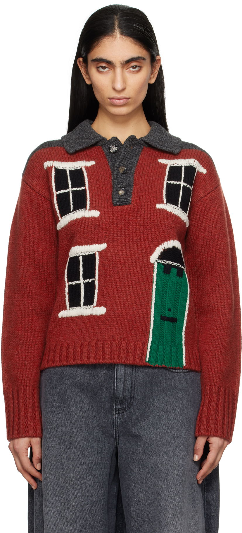 Villapaita JW Anderson JW Anderson House Intarsia Polo Sweater Punainen | KW1405-YN0413