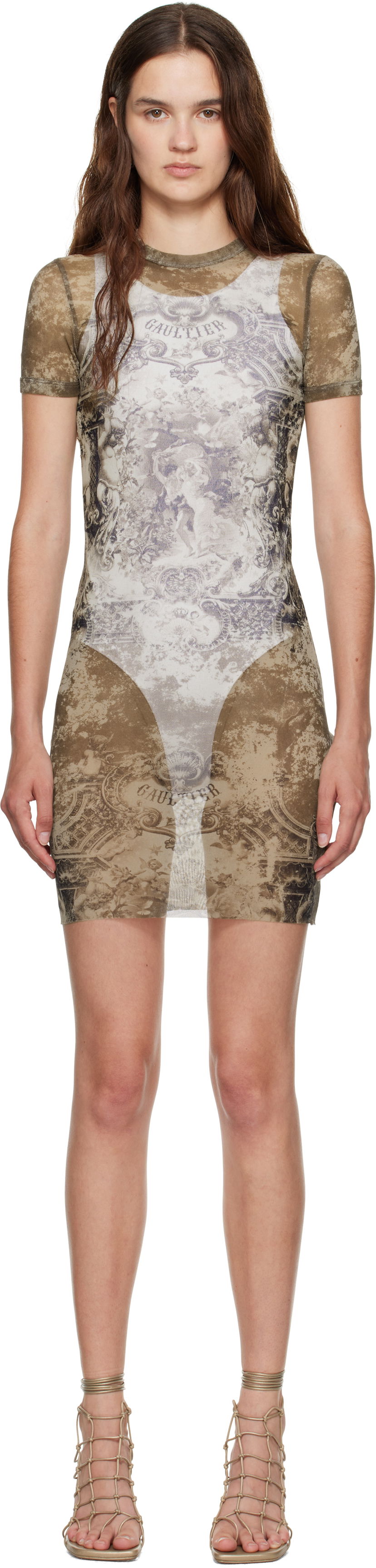 Mekko Jean Paul Gaultier Jean Paul Gaultier 'The Médaillon' Printed Mesh Minidress Ruskea | 25/03-W-DR024-M006P-6965