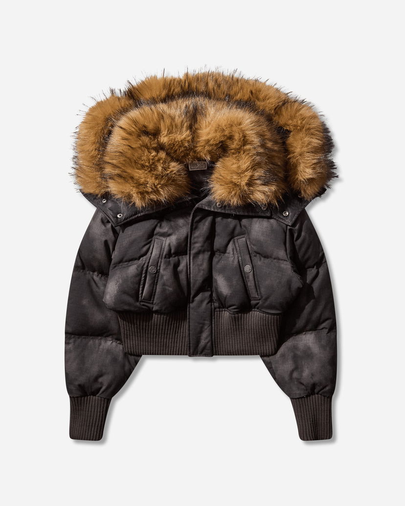 Puffer takki GUESS Distressed Cropped Puffer Jacket with Faux Fur Hood Musta | W5BL10WGF30 JTMU