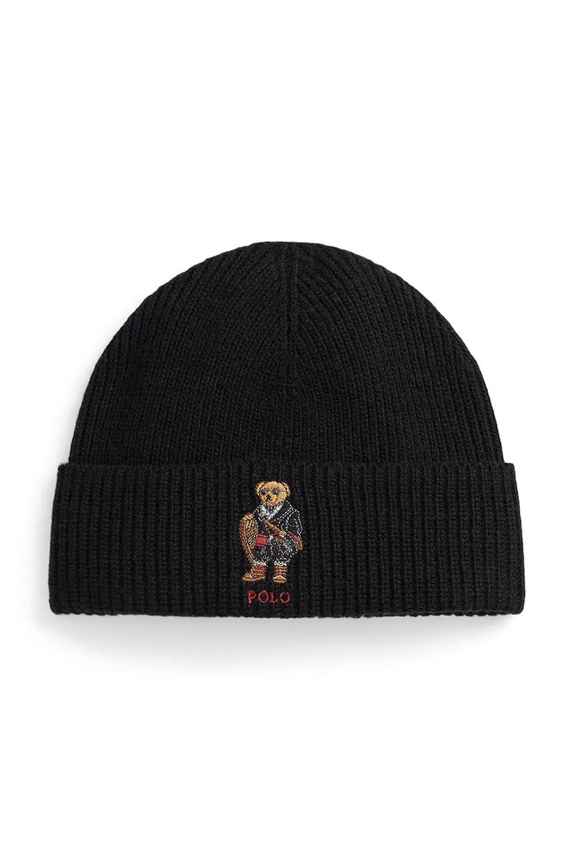 Pipo Polo by Ralph Lauren Ribbed Wool Blend Beanie with Polo Bear Musta | 449P02041