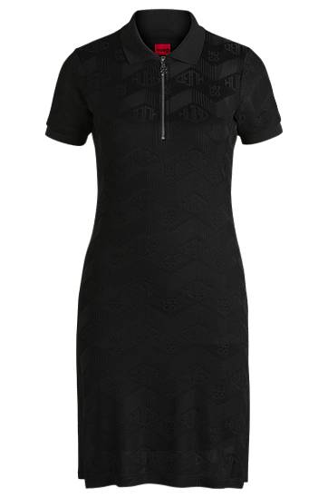 Mekko BOSS Jacquard Knit Dress with Logo Zip Placket Musta | 50537774