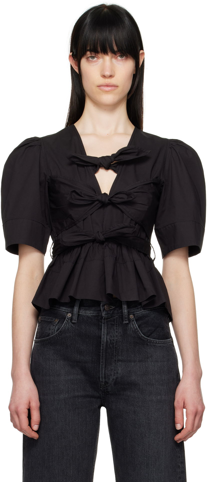 Crop top GANNI Ganni Tie Strap Stretch Cotton Peplum Blouse Musta | W0378
