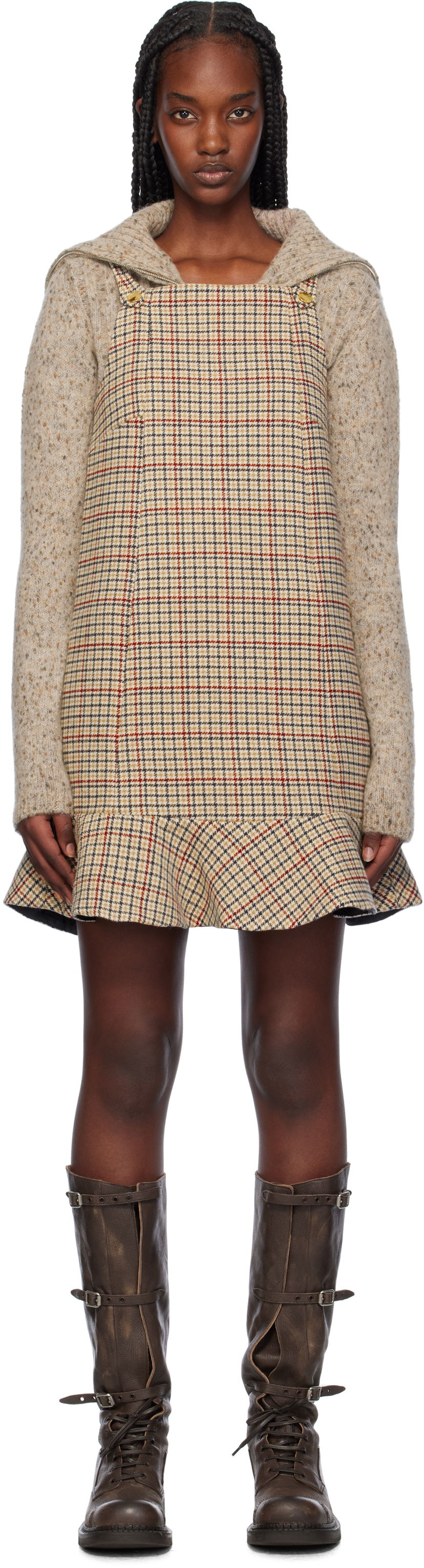 Mekko GANNI Check Print Ruffle Hem Mini Dress Beige | F9695