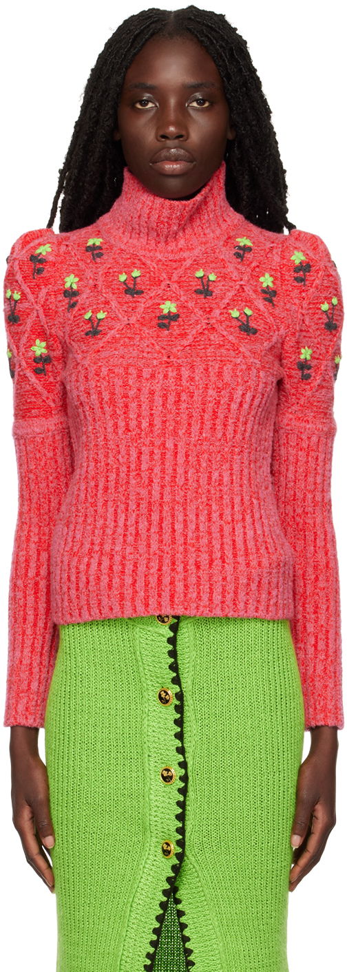 Villapaita CORMIO Floral Embroidered Turtleneck Sweater Punainen | OMA TURTLENECK 5