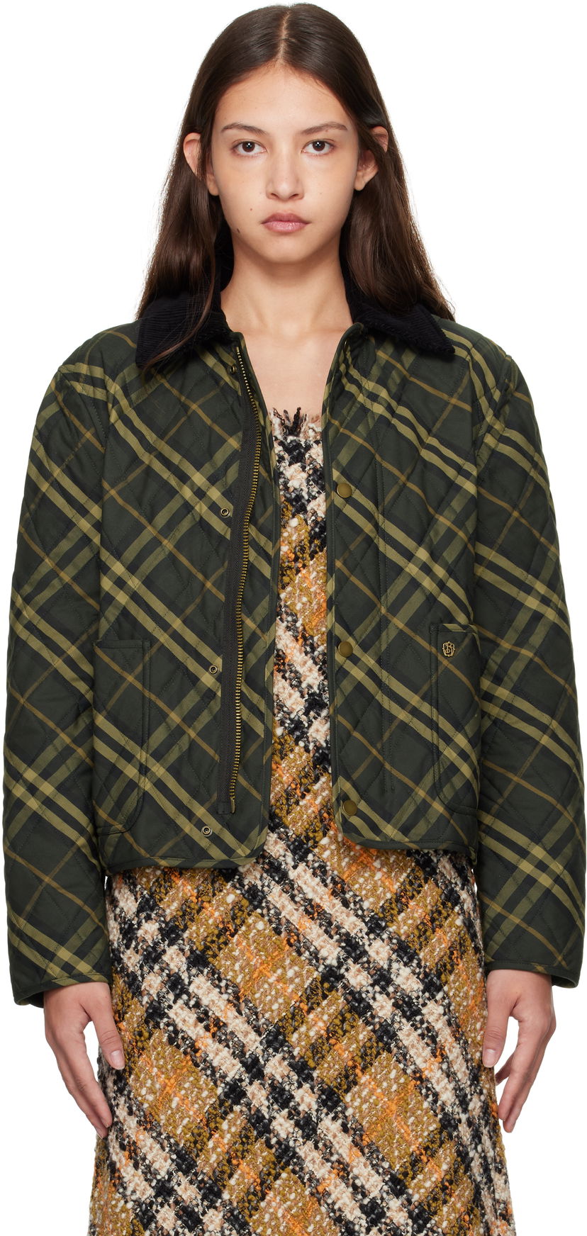 Bomber-takki Burberry Cropped Check Quilted Jacket Vihreä | 8099632