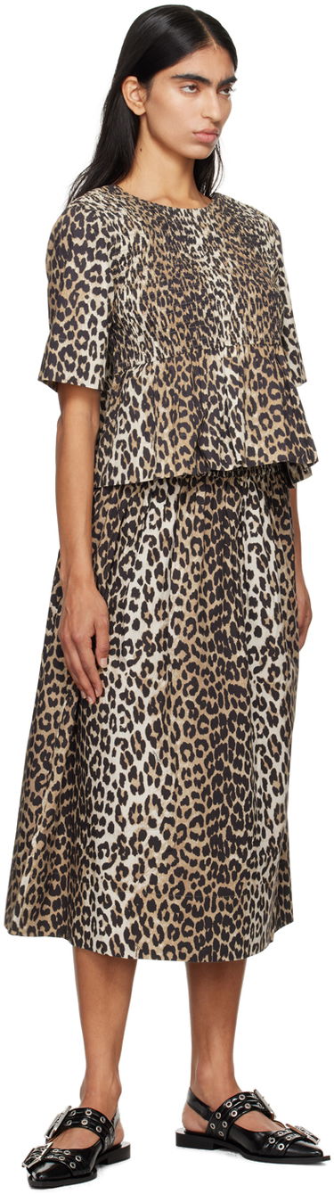 T-paita GANNI GANNI Smocked Leopard Print Blouse Beige | W0205, 3