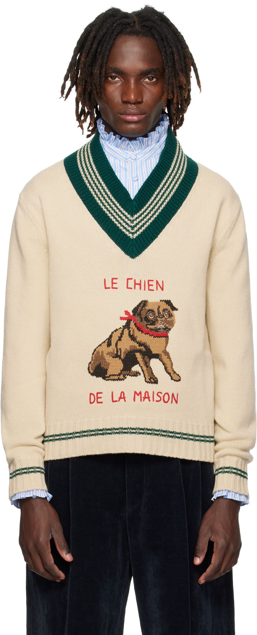 Villapaita Valentino Valentino 'Le Chien De La Maison' Jacquard Wool V-Neck Sweater Beige | 7V3KC35EB2M