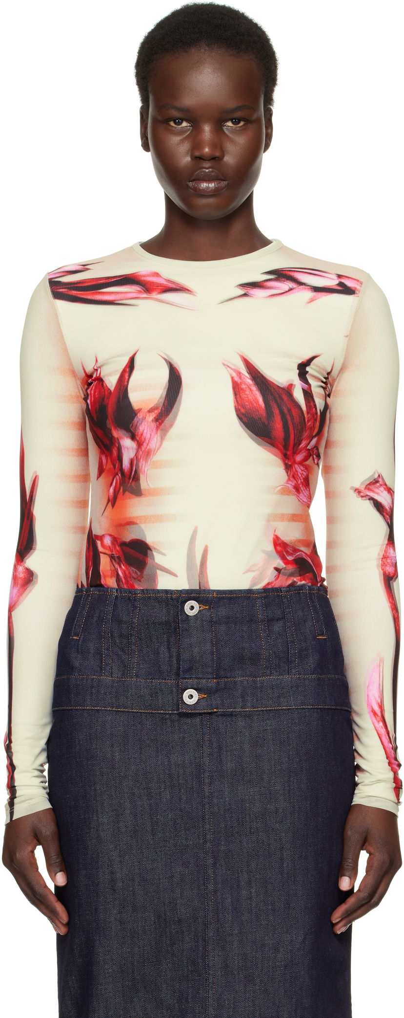 T-paita Jean Paul Gaultier Jean Paul Gaultier 'The Flower Body Morphing Marinière' Long Sleeve T-Shirt Beige | 25/33-F-TO264-T581-422030