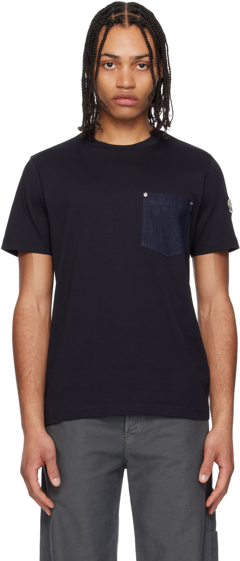 T-paita Moncler Moncler Cotton & Denim Pocket T-Shirt Tummansininen | K10918C0003989AKK