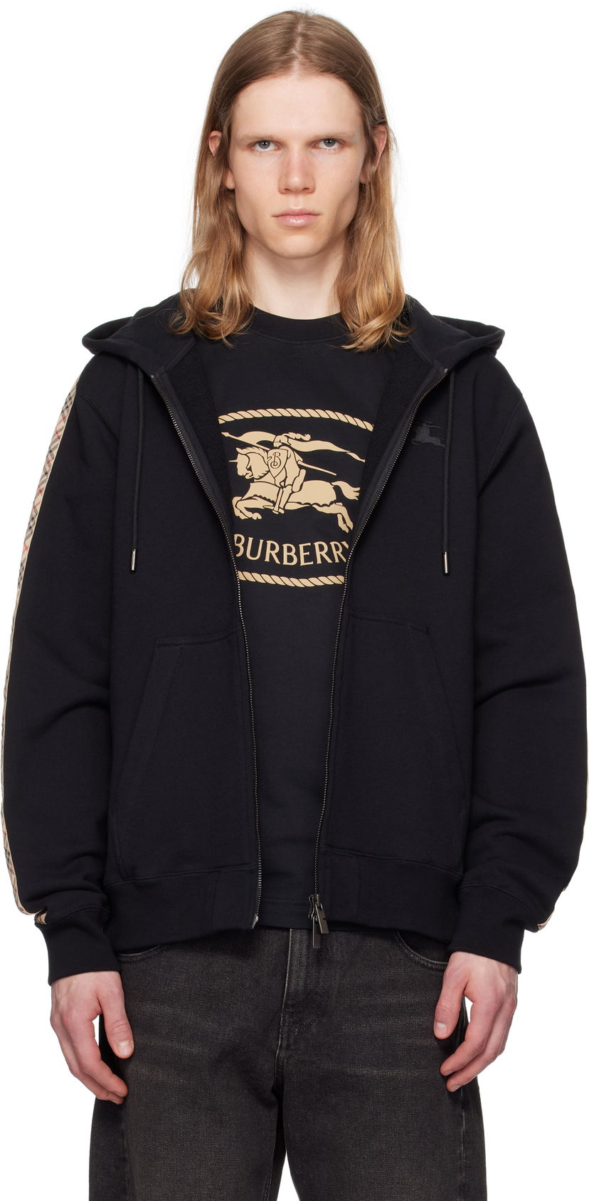 Huppari Burberry Burberry Check Trim Cotton Zip Hoodie Musta | 8110790
