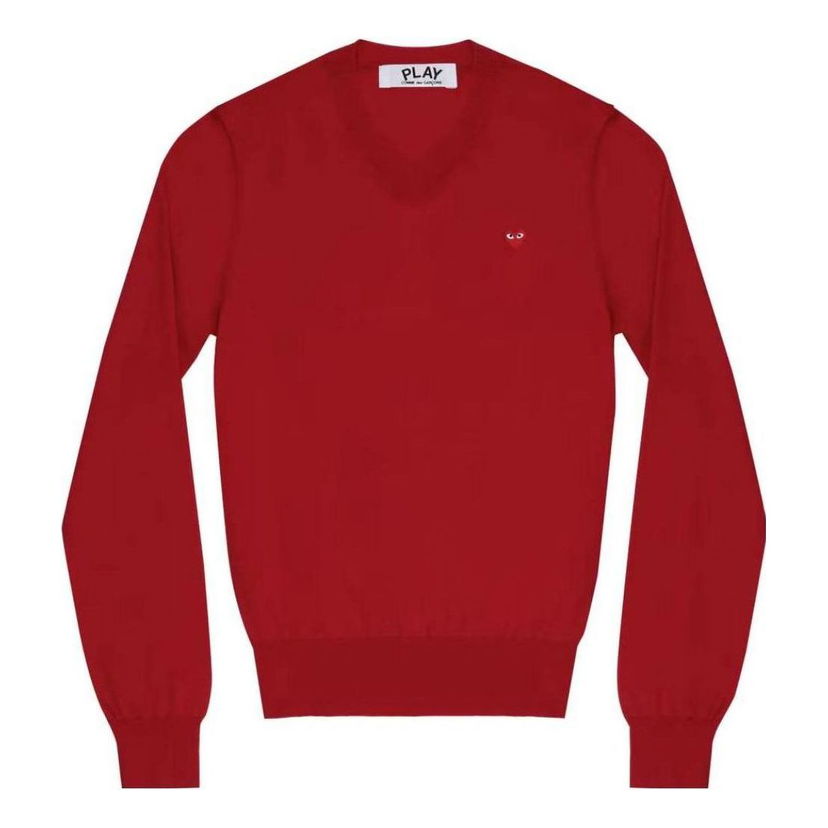 Villapaita Comme des Garçons COMME des GARCONS PLAY Long Sleeve V-Neck Sweater with Small Heart Logo Punainen | AZ-N051-051-3