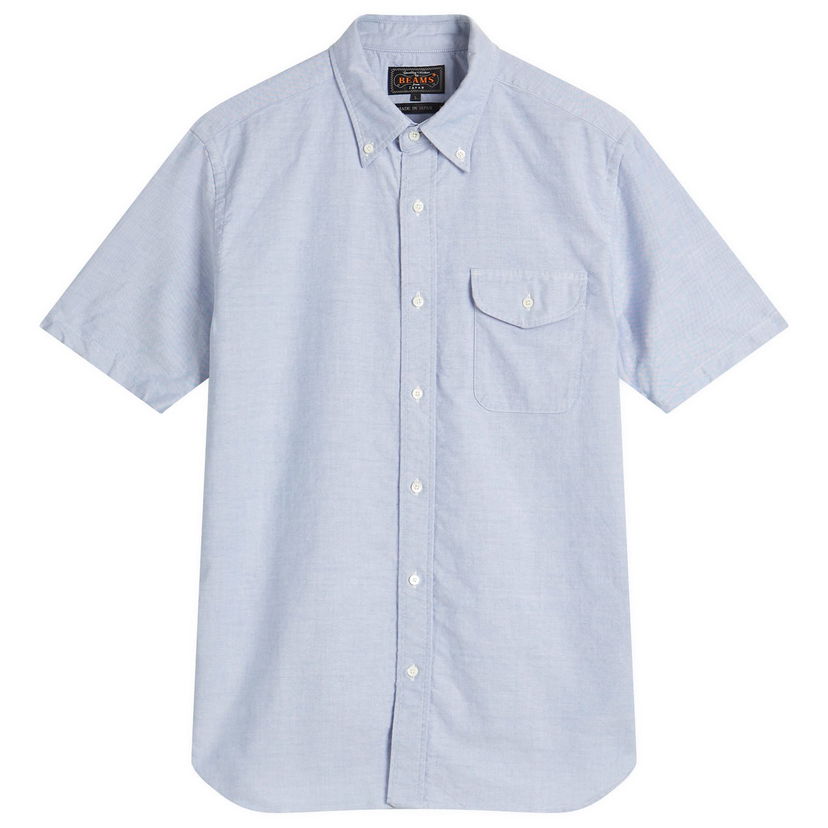 Paita BEAMS Plus Button Down Short Sleeve Oxford Shirt, Size Medium Sininen | 3801-0032-139-70