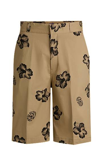 Shortsit BOSS Baggy-Fit Hibiscus-Print Stretch-Cotton Twill Shorts Beige | 50542159