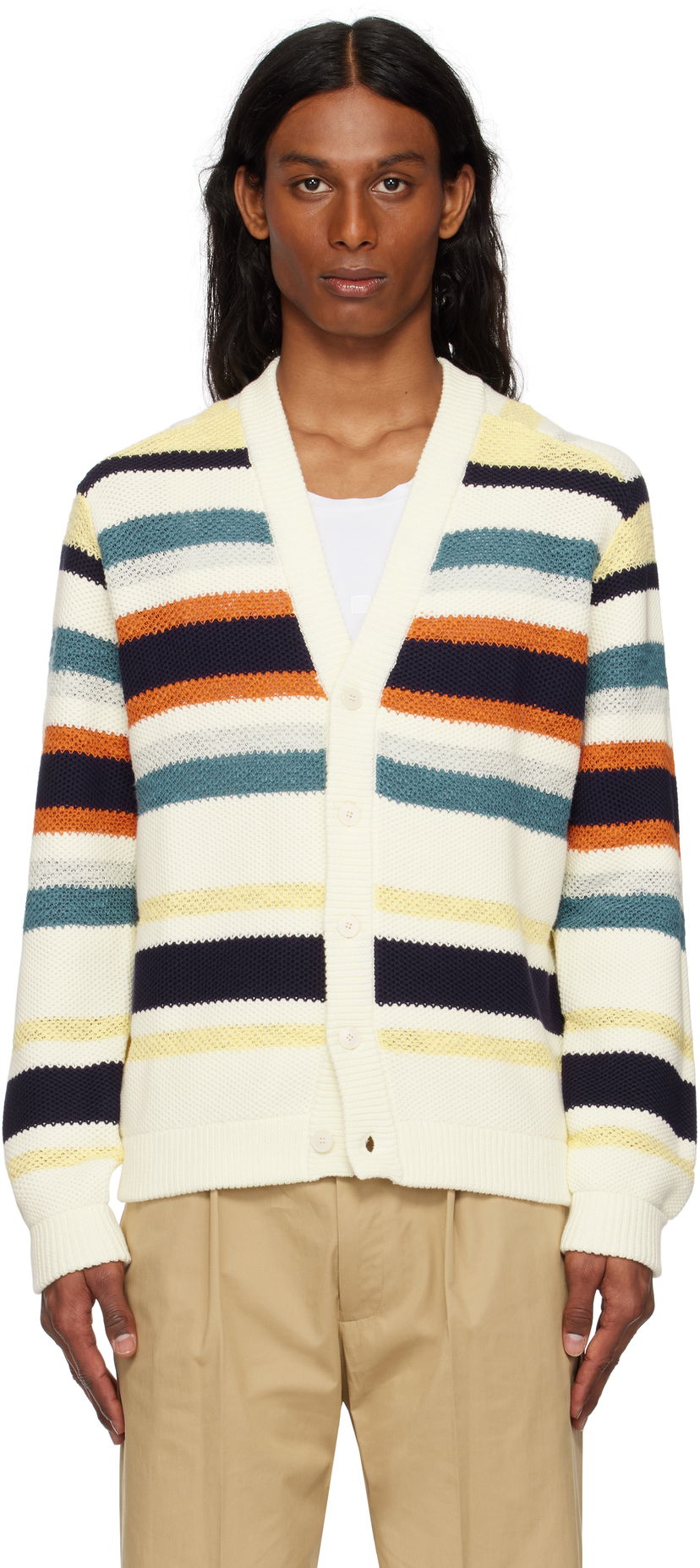 Villapaita MAISON KITSUNÉ Maison Kitsuné Comfort Striped Knit Cardigan Valkoinen | OM00506KT1129