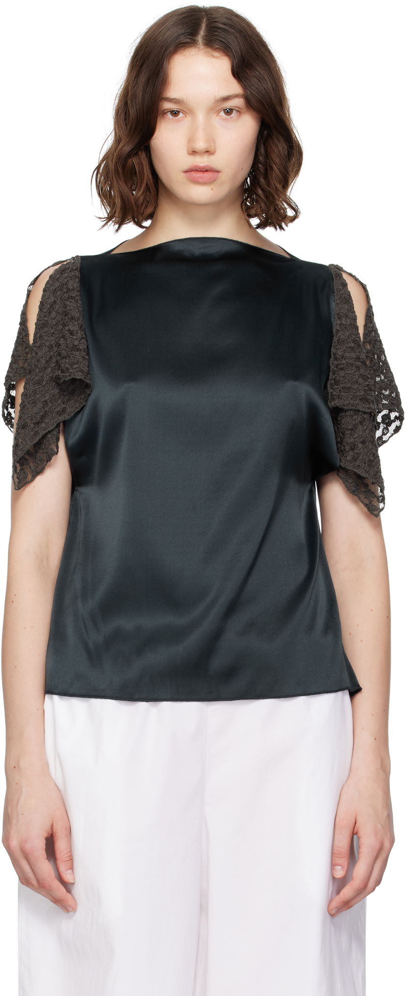 Tankkitoppi Baserange Baserange Olin Silk Blouse with Lace Sleeves Vihreä | TOOL-SS-SU25