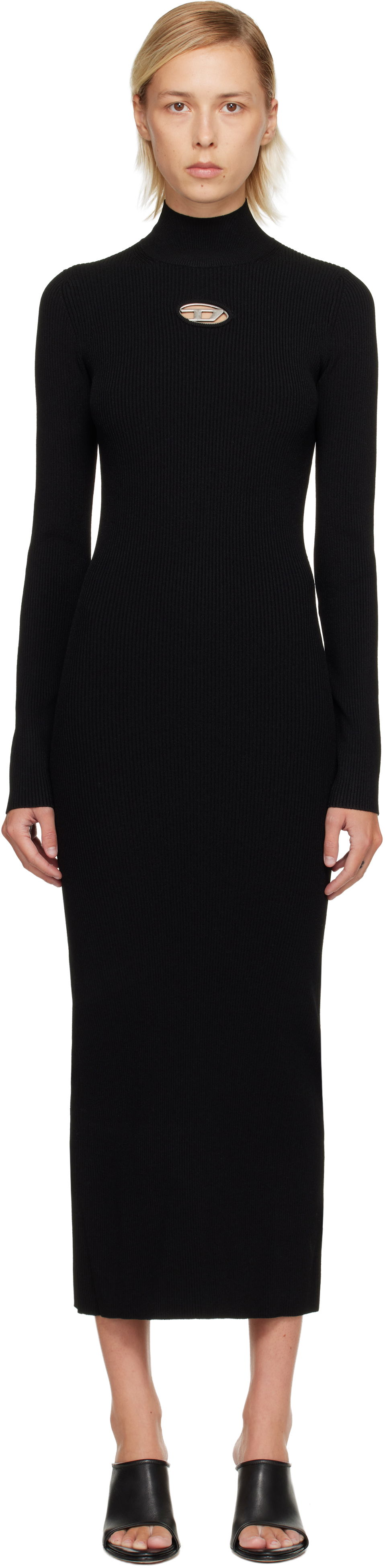 Mekko Diesel Ribbed knit long-sleeve mock neck maxi dress with metallic cut-out Musta | A14186 0DLAX, 0