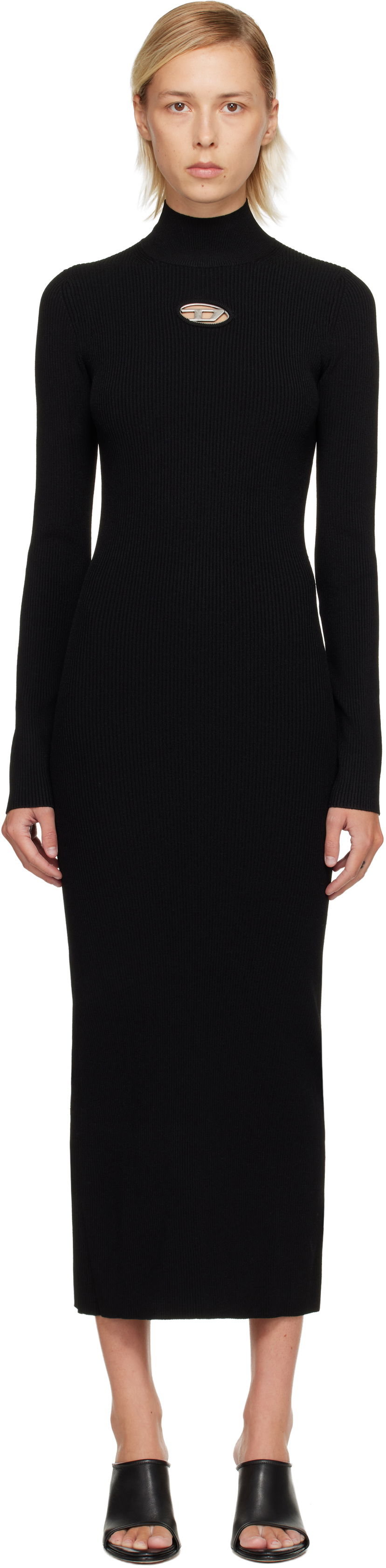 Mekko Diesel Ribbed knit long-sleeve mock neck maxi dress with metallic cut-out Musta | A14186 0DLAX