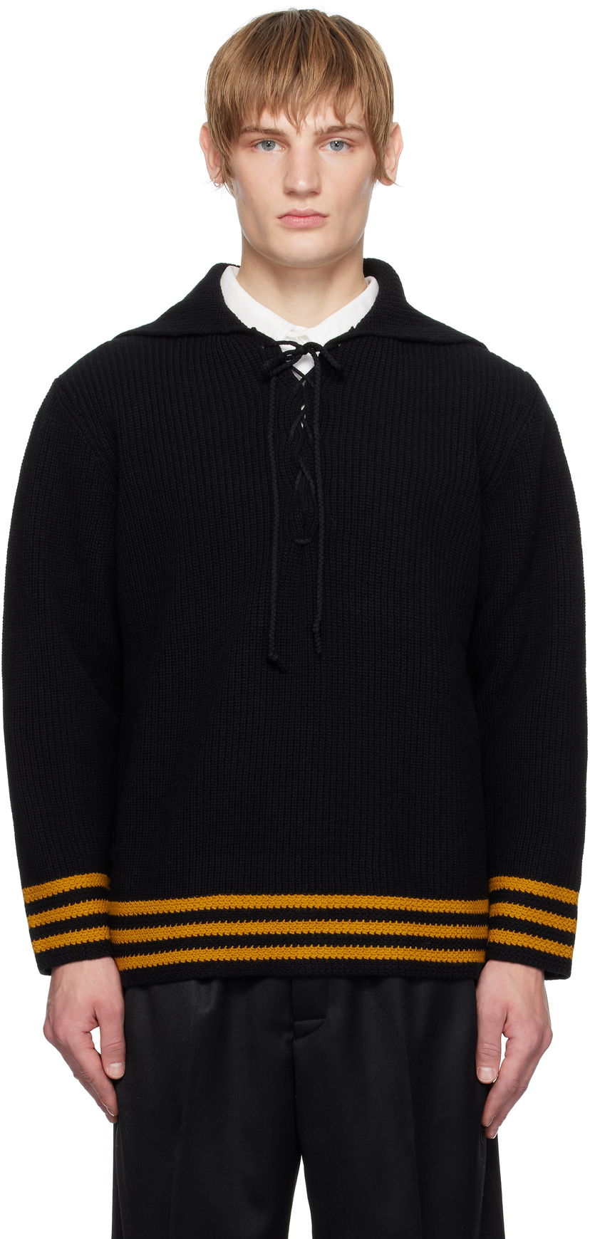 Villapaita Bode Striped Lace-Up Collar Knit Sweater Musta | MRF24KT022