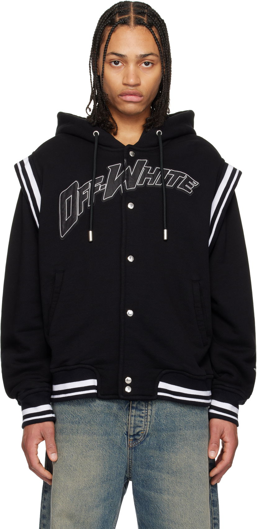 Huppari Off-White Fleece Varsity Bomber Jacket with Hood Musta | OMEK003S25JER0021040