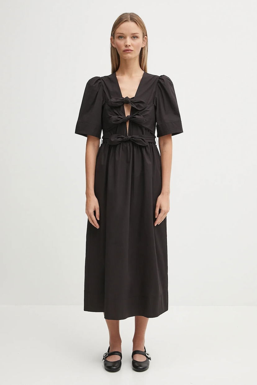 Mekko GANNI GANNI Stretch Cotton Tie Strap Midi Dress Musta | W0842