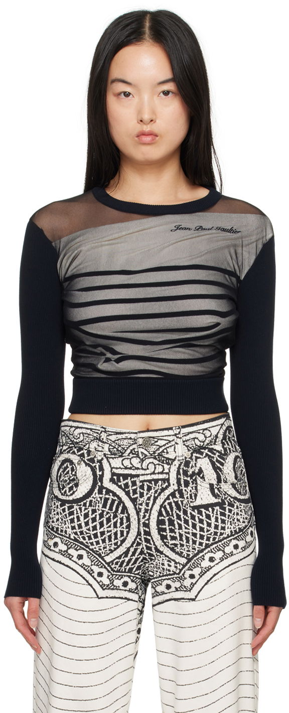 Villapaita Jean Paul Gaultier Gaultier 'The Marinière' Striped Mesh Top Musta | 24/25-F-PL047B-M064-590100