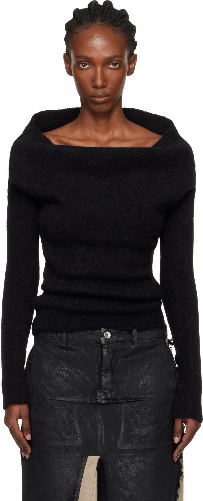 Villapaita Rick Owens Rick Owens Concordians Runway Draped Neck Long Sleeve Sweater Musta | RO02E4675 KWP