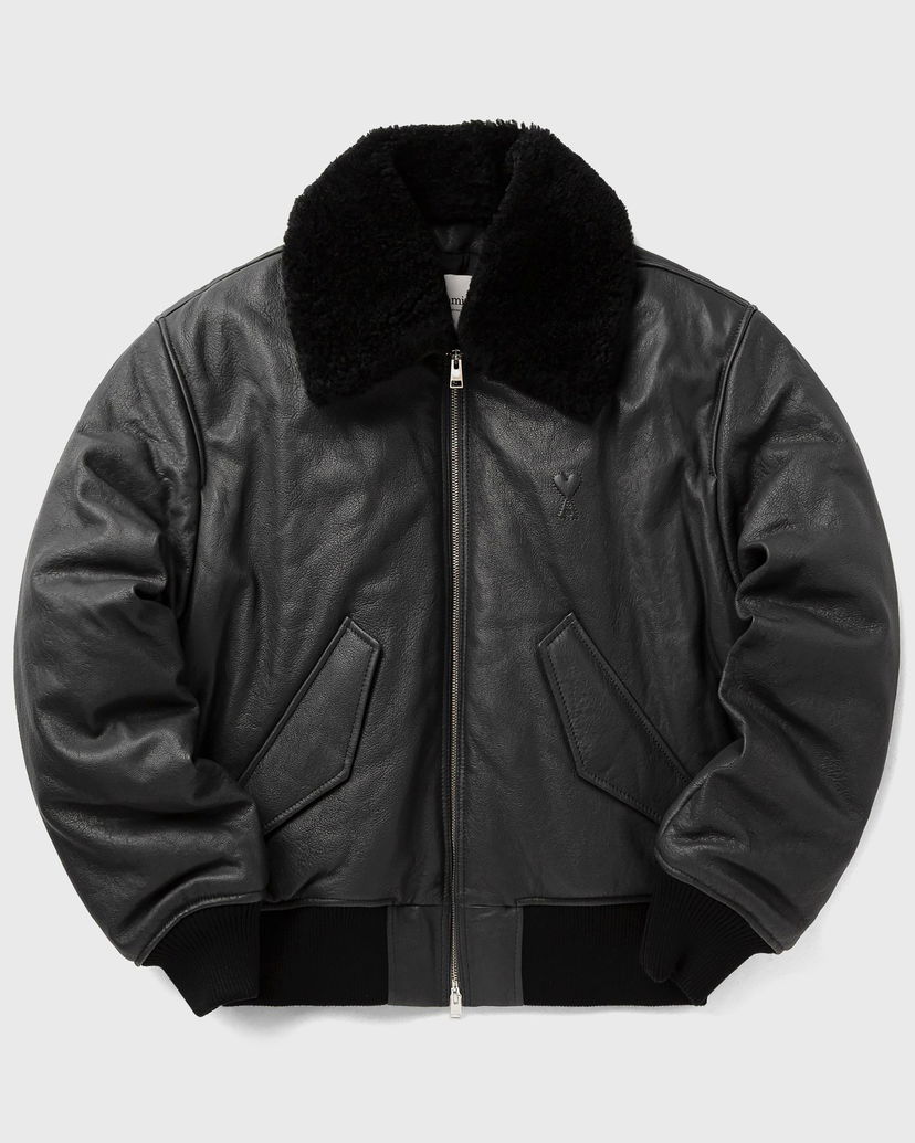 Bomber-takki AMI Leather Bomber Jacket with Shearling Collar Musta | HJK857.LH0044-020