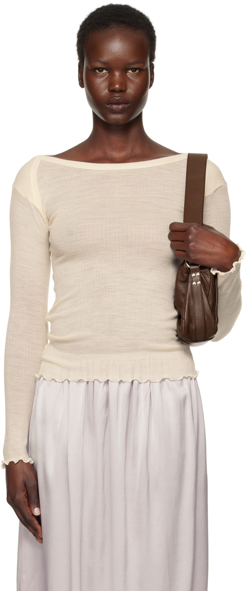 T-paita Baserange Baserange Long Sleeve Lettuce Edge T-Shirt Beige | TODIL-WO-SP25