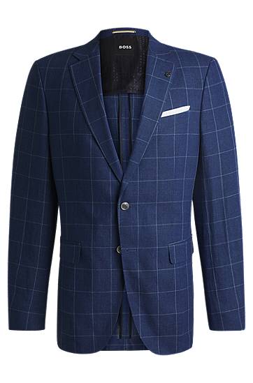 Takki BOSS BOSS Slim-Fit Checked Linen-Blend Jacket Sininen | 50540502