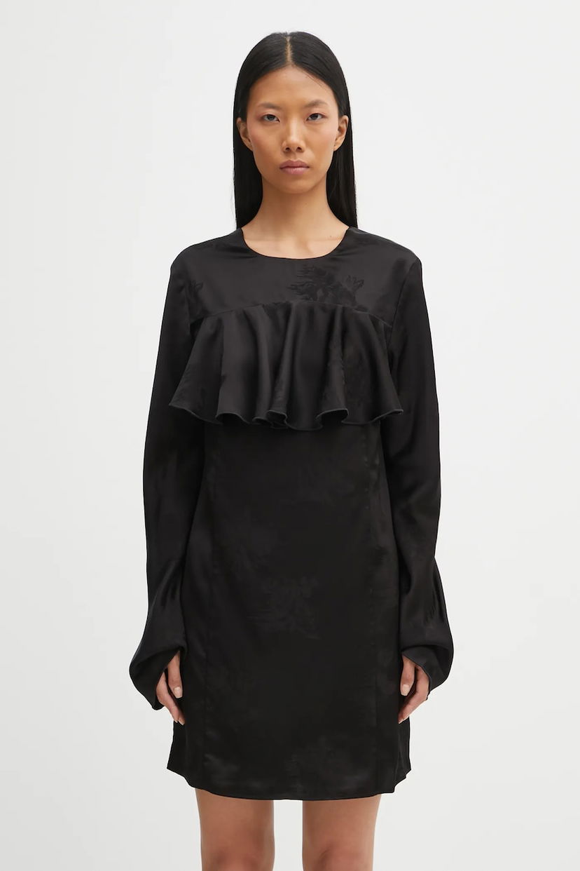 Mekko GANNI Fluid Satin Jacquard Mini Ruffle Mini Dress Musta | W0792