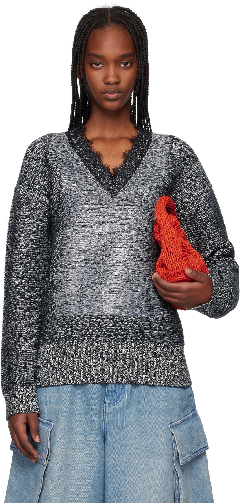 Villapaita JW Anderson JW Anderson V-Neck Lace Trim Sweater Harmaa | KW1400-YN0402