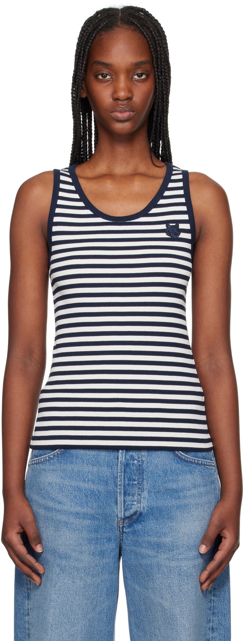 Tankkitoppi MAISON KITSUNÉ Maison Kitsuné Fox Patch Striped Ribbed Tank Top Valkoinen | OW00609KA0028