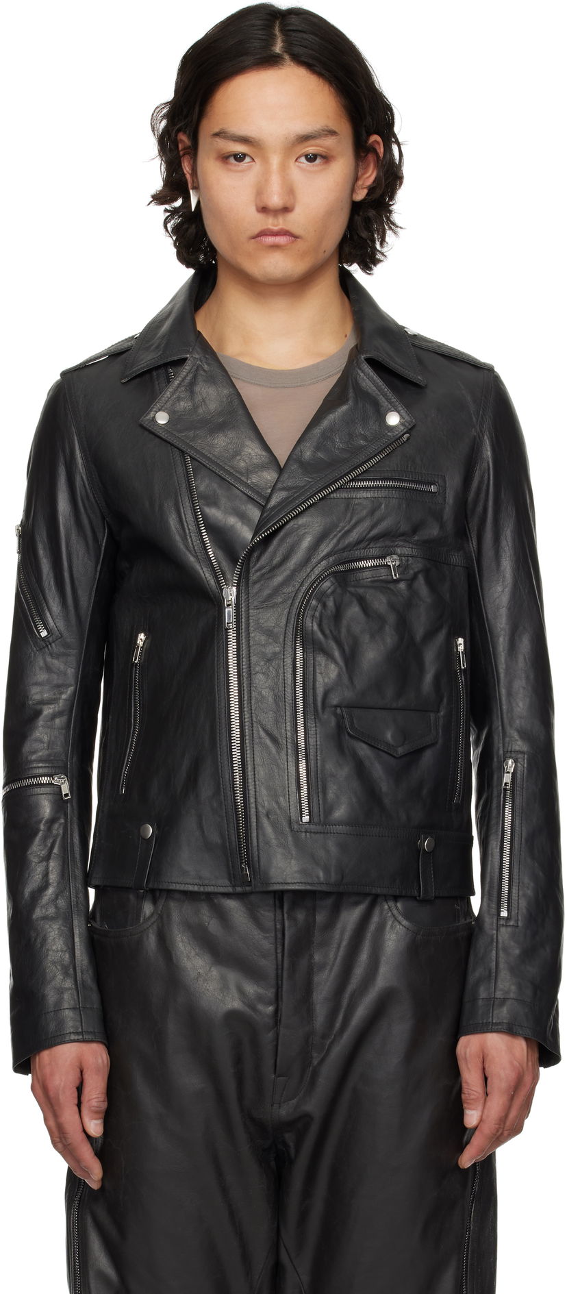 Takki Rick Owens Rick Owens Hollywood Bauhaus Stooges Leather Jacket Musta | RU01E5765 LTP
