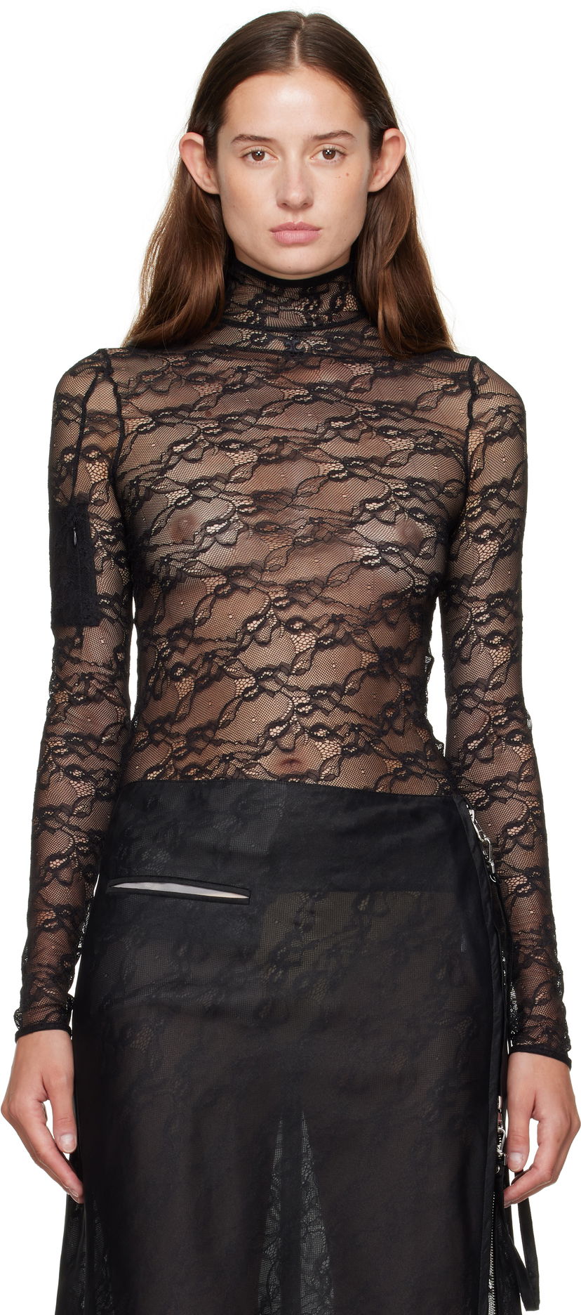 T-paita Courrèges Courrèges Lace Mock Neck Long Sleeve Top Musta | 325CTO444PA0132