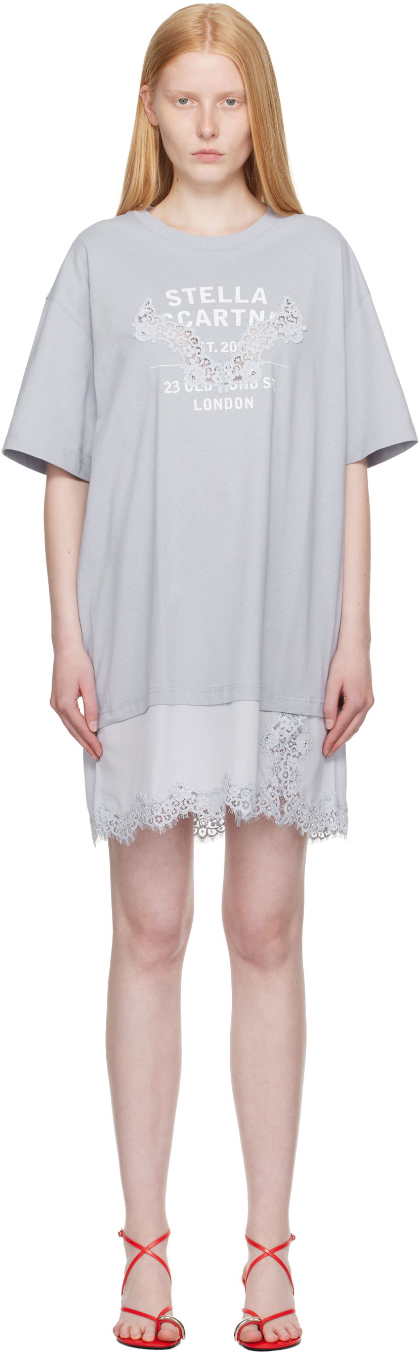 Mekko Stella McCartney Stella McCartney Lace-Insert Graphic T-Shirt Minidress Harmaa | 6J04063SPZ99