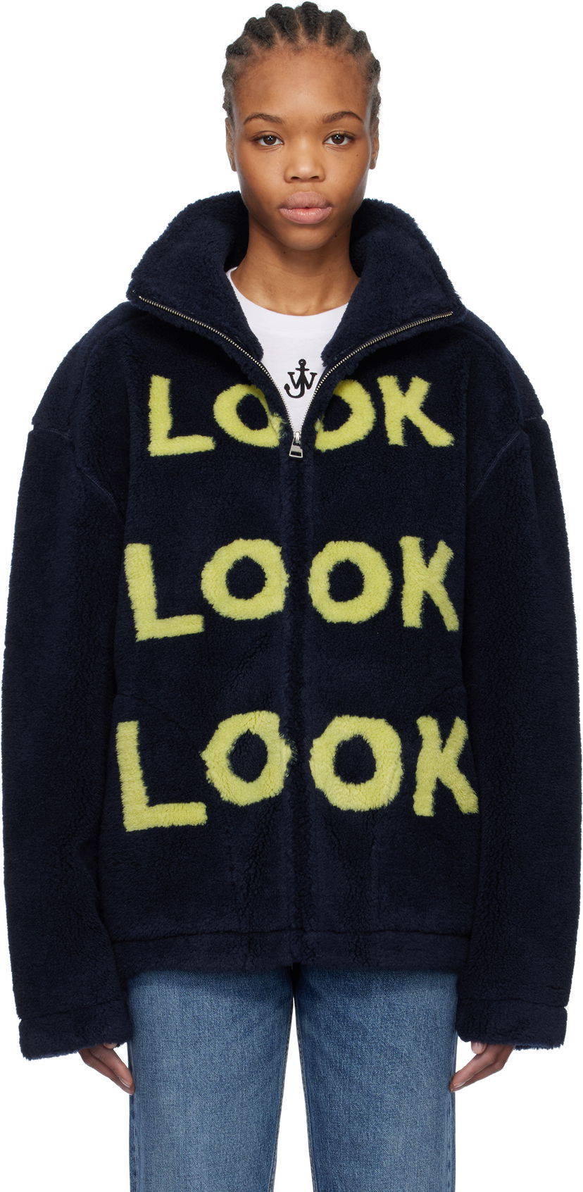 Bomber-takki JW Anderson JW Anderson 'Look Look Look' Fleece Zip-Up Jacket Tummansininen | JK0375-PG1711