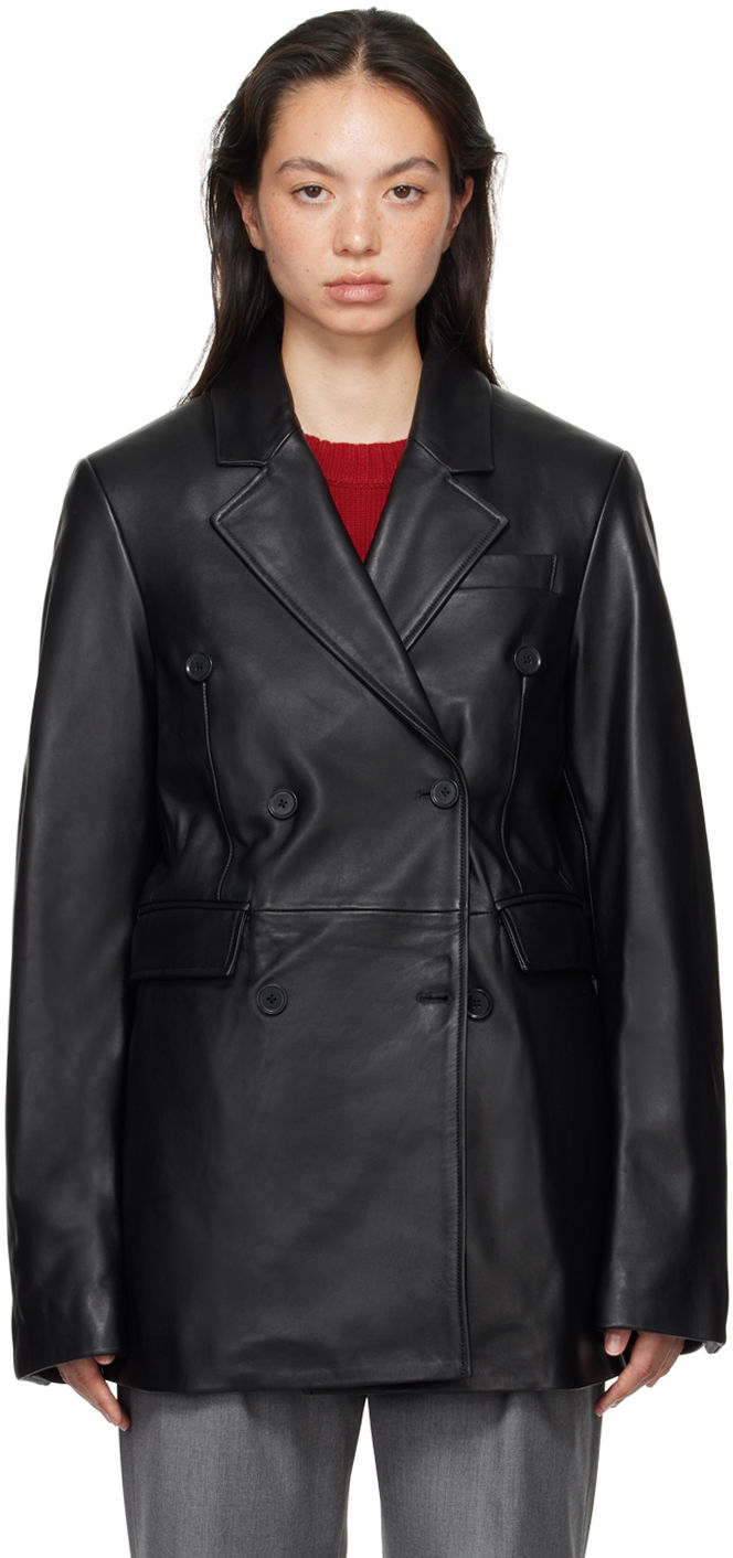 Takki Loulou de Saison Loulou de Saison Benetra Double-Breasted Leather Blazer Musta | BENETRA